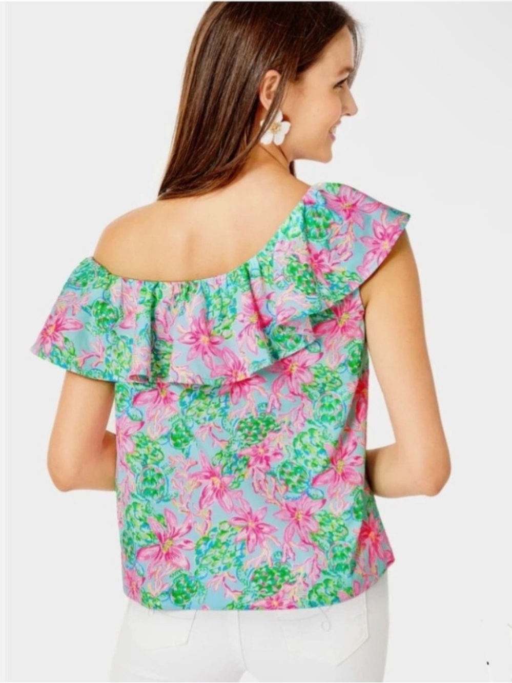 Lilly Pulitzer Surf Blue So Shellegant Zelder One Shoulder Ruffle Top - Picture 3 of 4